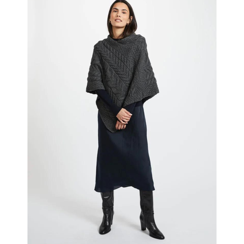 Ladies Aran Cable Knit Triangular Poncho Charcoal